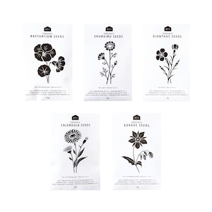 May include: Five seed packets with black and white illustrations of flowers. The packets are labeled with the flower names: Nasturtium, Shungiku, Dianthus, Calendula, and Borage. Each packet includes information about the flower, such as the amount of sun needed, soil temperature, planting depth, days to maturity, and spacing after thinning. The packets are all from the brand RT1 Organic.