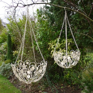 Set of 2 Cream Hanging Baskets Metal Ornate Shabby Chic Vintage