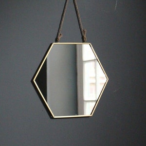 Gold Mirror Hexagonal with Rustic Hanging Rope