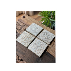 Set 4 French Shabby Chic Ceramic Tile Coasters in the Blue and Bronze Design