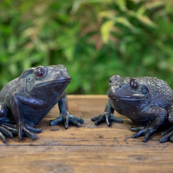 Pair of Frog Garden Ornaments Patio Pond Stream - Bronze Finish