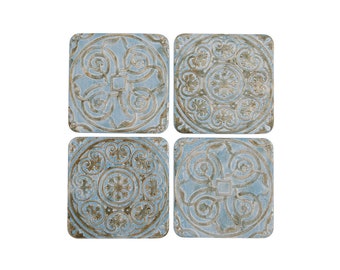 Set 4 French Shabby Chic Ceramic Tile Coasters in an Embossed Blue Design