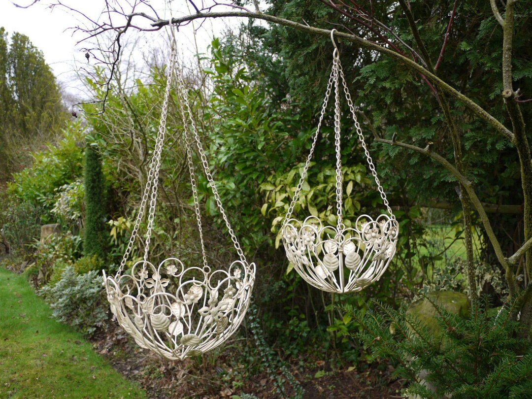 Set of 2 Cream Hanging Baskets Metal Ornate Shabby Chic Vintage Etsy