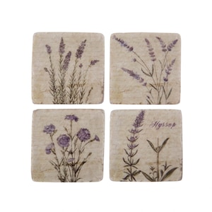 Set 4 French Shabby Chic Ceramic Tile Coasters in a Lavender Wild Flower Design