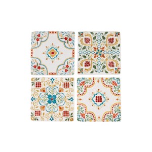May include: A set of four square ceramic coasters, each displaying a unique, colourful floral and geometric pattern. The coasters feature red, blue, yellow, and green designs on a white background. Suitable for home decor.