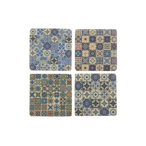 May include: Set of four square coasters with a colourful geometric tile pattern. The coasters feature a variety of blue, red, yellow, and green colours.