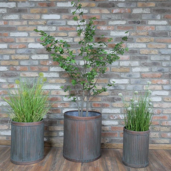 Set of 3 Metal Planters Tubs with Vintage Aged Copper Finish
