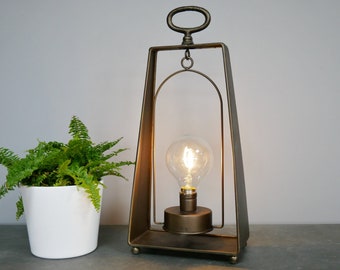 Vintage Industrial Antique Bronze Swinging Battery Powered LED Table Light Lamp