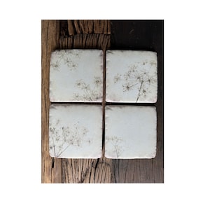 Set 4 French Shabby Chic Ceramic Tile Coasters White Gypsophilia Floral Design