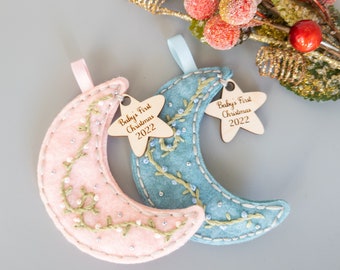 Custom Embroidered Babys First Christmas Ornament - Moon and Star Heirloom Ornament - Custom Name Ornament - Floral Embroidered Ornament