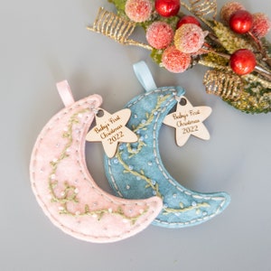 Custom Embroidered Babys First Christmas Ornament - Moon and Star Heirloom Ornament - Custom Name Ornament - Floral Embroidered Ornament