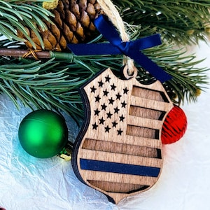 Police Officer First Responder Christmas Ornament - Thin Blue Line American Flag Ornament - Deputy Ornament Gift - Custom Badge Ornament