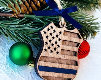 Police Officer First Responder Christmas Ornament - Thin Blue Line American Flag Ornament - Deputy Ornament Gift - Custom Badge Ornament