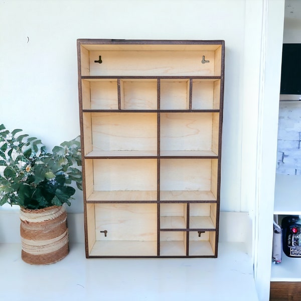 Multi Compartment Wooden Display Shelf - Crystal Display Shelf - Curio Cabinet- Knick Knack Display - Printer Tray -Figure Organizer Display