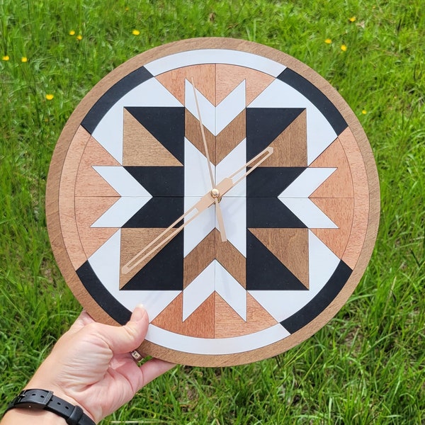 Barn Quilt Clock - Geometric Clock - Wooden Tribal Pattern Clock - Minimalist Reclaimed Wood Clock - Boho Wood Clock - Wall Clock