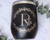 Custom Floral Monogram Wine Tumbler - Initial Monogram Tumbler - Lake Gift Lake House Decor - Bridesmaid Gift - Custom Tumbler
