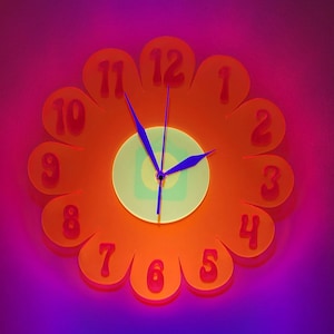 Blacklight UV Retro Vintage 1970s Inspired Daisy Wall Clock Funky Wall Clock Retro Clock Nursery Clock Kitchen Clock Hot Pink Clock image 5