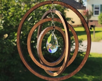 Espresso Maple Wood Sparkle Circle Suncatcher - Geometric Crystal Suncatcher - Spinning Suncatcher- Suncatcher Gift - Wooden Suncatcher