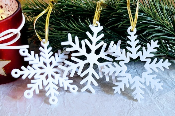 Set of 3 Snowflake Ornaments White Acrylic Snowflakes Minimalist