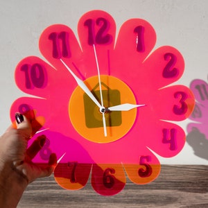Blacklight UV Retro Vintage 1970s Inspired Daisy Wall Clock Funky Wall Clock Retro Clock Nursery Clock Kitchen Clock Hot Pink Clock image 2