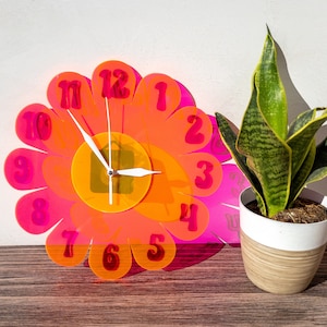 Blacklight UV Retro Vintage 1970s Inspired Daisy Wall Clock Funky Wall Clock Retro Clock Nursery Clock Kitchen Clock Hot Pink Clock image 1