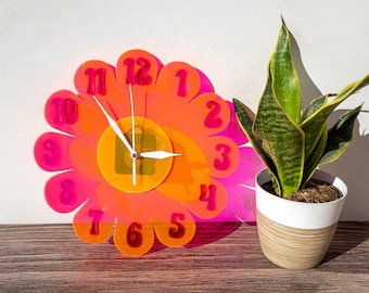 Blacklight UV Retro Vintage 1970s Inspired Daisy Wall Clock - Funky Wall Clock - Retro Clock- Nursery Clock - Kitchen Clock Hot Pink Clock