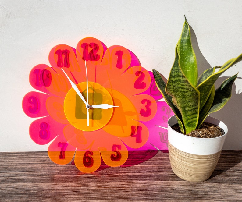 Blacklight UV Retro Vintage 1970s Inspired Daisy Wall Clock Funky Wall Clock Retro Clock Nursery Clock Kitchen Clock Hot Pink Clock image 1