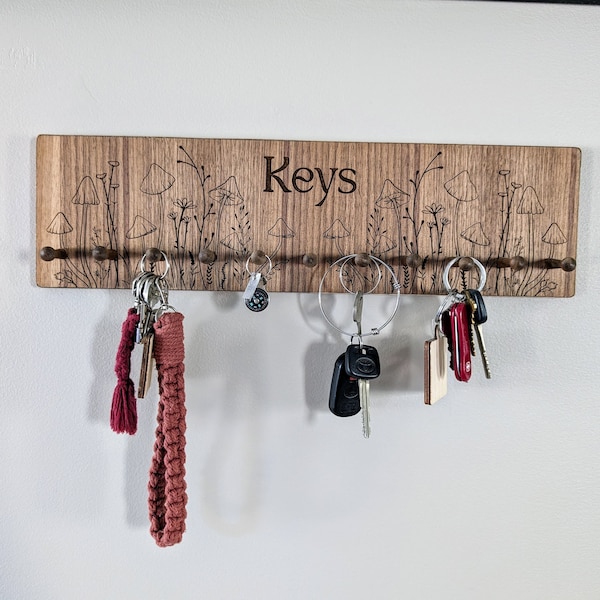 Walnut Wood Mushroom Engraved Key Hook Hanger - Car Keys - Boat Keys Organizer - Entryway Organizer - Key Valet - Customizable Key Shelf