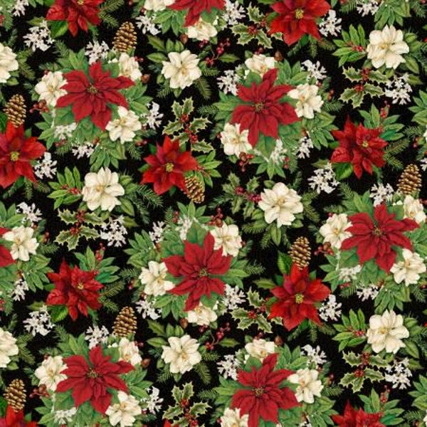Michael Miller CHRISTMAS POINSETTIA on black cotton fabric DDC12340 - sold by the yard