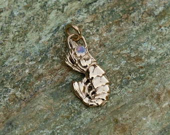 10K Gold Shrimp Pendant with Real Opal Eye, Solid Gold Prawn Charm, Handmade, October Birthstone, Unique Sea Creature Jewelry