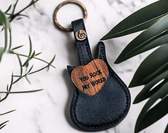 Custom Engraved Heart-Shaped Wood Guitar Pick With Leather Guitar Shaped Case - Personalize a Unique Wooden Plectrum for Musicians