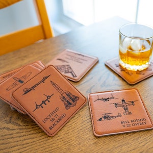 Leather Aviation Coasters | Iconic Airplanes | Man Cave Decor | Airline Mechanic | Retired Air Force | Gift for Him, Grandpa, Uncle, Pilot