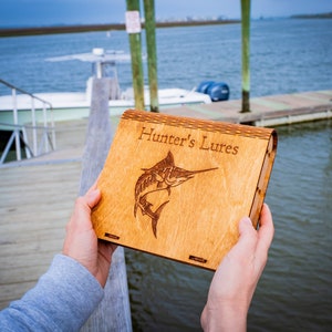 Personalised Engraved Wooden Fishing Box, Tackle Box with Fisherman and Fish