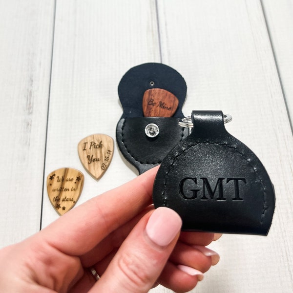 Personalized Wood Guitar Pick W/ Leather Case | Custom Engraved Guitar Pick | Pick Holder | Christmas | Boyfriend Gift | Guitar Player