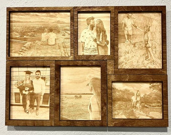 Engraved Custom Photo Collage on Wood | 5th Anniversary Gift | Engagement Pictures | Framed Family Portrait | Wedding Couples | Christmas