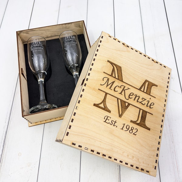 Personalized Champagne Glasses Box Set  | Custom Champagne Toasting Flutes Wedding | Bridal Party | Newlywed | Anniversary Gift | Mr Mrs