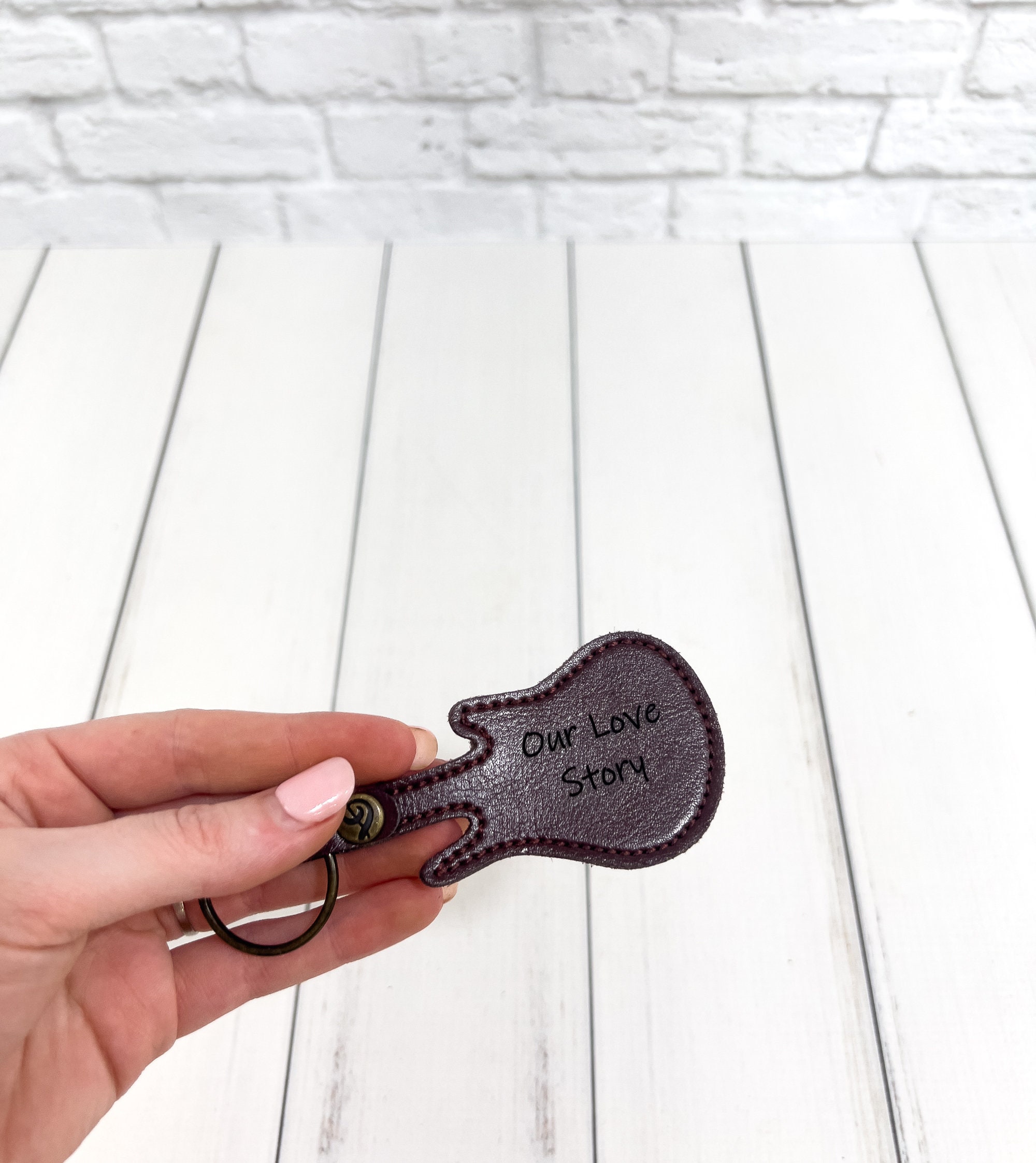 Personalized Brown Leather Guitarshaped Pick Holder Keychain Etsy