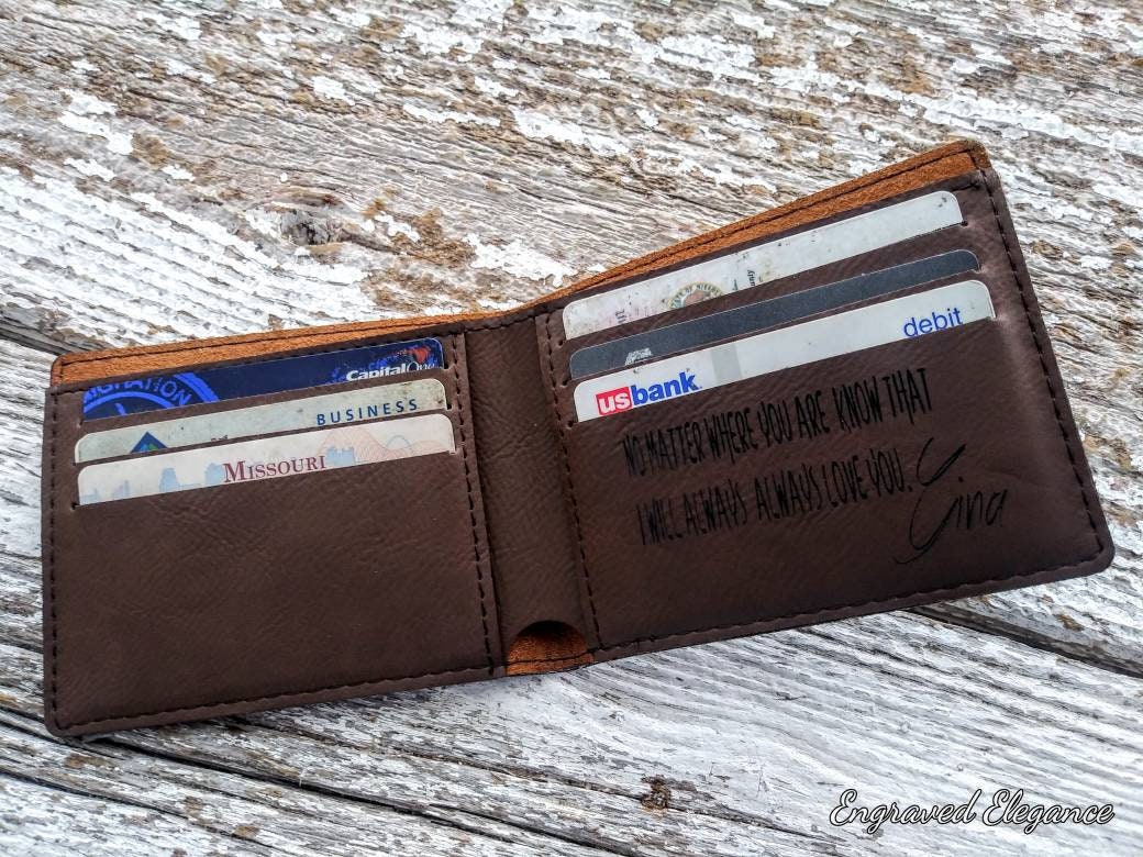 Personalized Men's Bifold Wallet - Grey Faux Leather With Engraving - Father's Day Gift