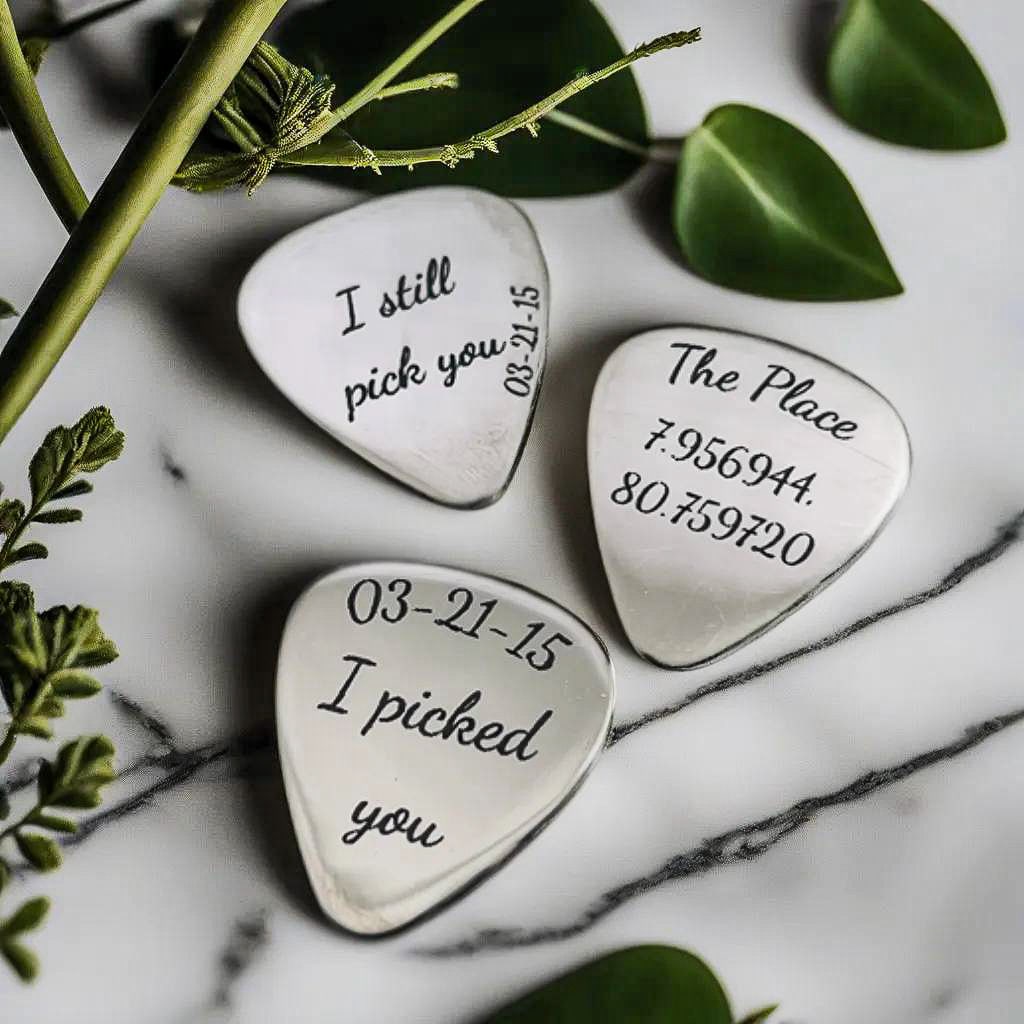Personalized Engraved Metal Guitar Pick with Guitar-Shaped Keychain Holder - Great Custom Gift For Musicians, Guitar Players, Music Lovers