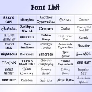 May include: A chart listing various font names in a grid format. The font names are displayed in the respective fonts. The fonts are categorized into different styles, such as script, calligraphy, and typewriter.