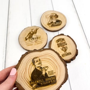 Coffee Themed Wood Coaster Set | Coffee Lover Gift | Wood Log Coasters | Rustic Wood Coaster | Wife | Daughter | Grandma | Kitchen |