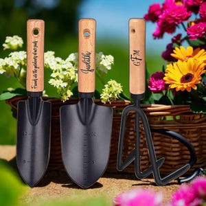 3 piece personalized garden tool set  with customized Garden rake, trowel, and shovel