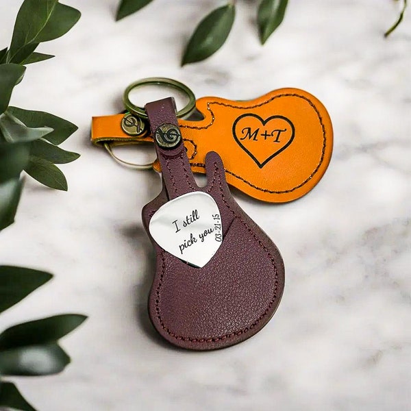 Personalized Engraved Metal Guitar Pick with Guitar-Shaped Keychain Holder - Great Custom Gift For Musicians, Guitar Players, Music Lovers
