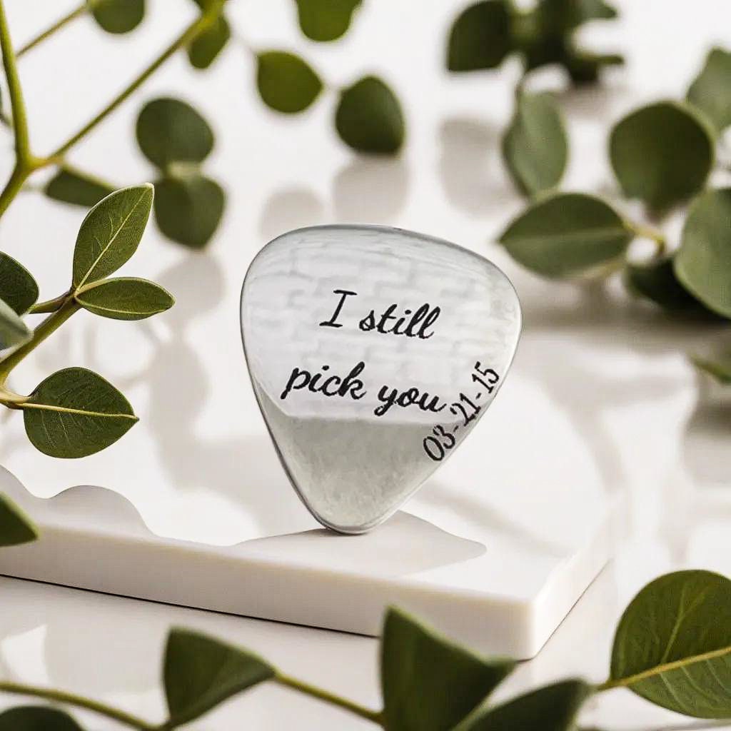 Personalized Engraved Metal Guitar Pick with Guitar-Shaped Keychain Holder - Great Custom Gift For Musicians, Guitar Players, Music Lovers