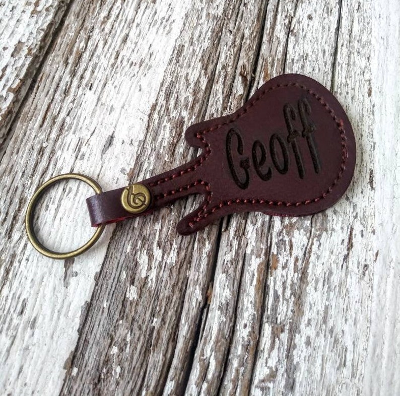 Personalized Brown Leather Guitarshaped Pick Holder Keychain Etsy