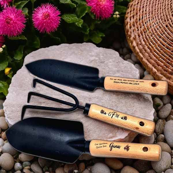 3 piece personalized garden tool set | customized Garden trowel and rake | Gardner tools | Raised bed gardening tools