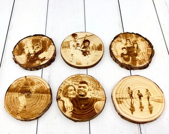 Wood Coasters Engraved W/ Your Custom Photo | Personalized Christmas | Live Edge | Family Coasters | Bulk Order | Anniversary