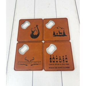 Personalized Bottle Opener Coaster Set of 4 | Custom Leather Coaster | Bulk Order | Wedding Gift | Easter Basket | Deer Hunter Coasters