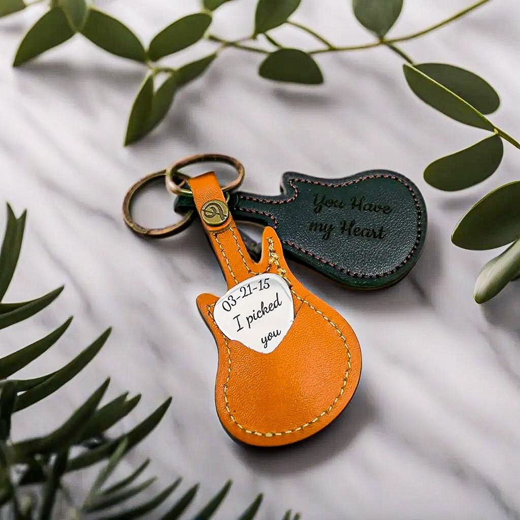 Personalized Engraved Metal Guitar Pick with Guitar-Shaped Keychain Holder - Great Custom Gift For Musicians, Guitar Players, Music Lovers