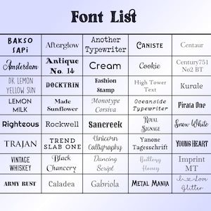 May include: A grid displaying various font styles, each within a separate box. The title "Font List" is at the top. Font names include "Amsterdam", "Rockwell", "Unicorn Calligraphy", and "Metal Mania". The fonts vary in style, from bold to script.